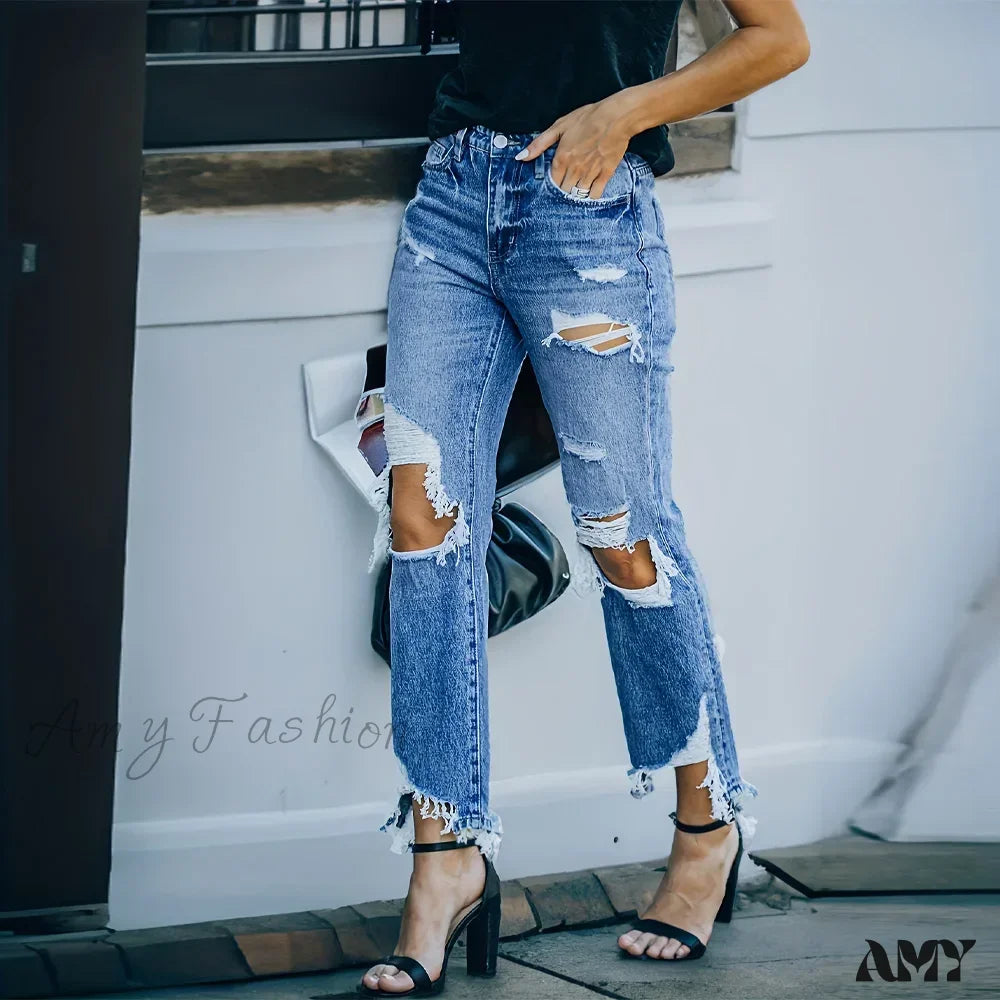 Amy Fashion - Ripped Holes Washed Straight Slant Pockets Distressed Frayed Hem Denim Jean Blue / Xs