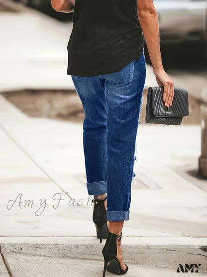 Amy Fashion - Ripped Holes Washed Tapered Distressed Casual Mom Women’s Denim & Clothing Jean