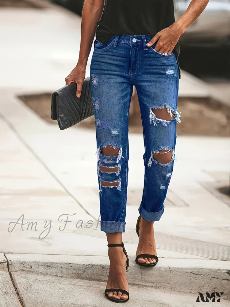 Amy Fashion - Ripped Holes Washed Tapered Distressed Casual Mom Women’s Denim & Clothing Jean