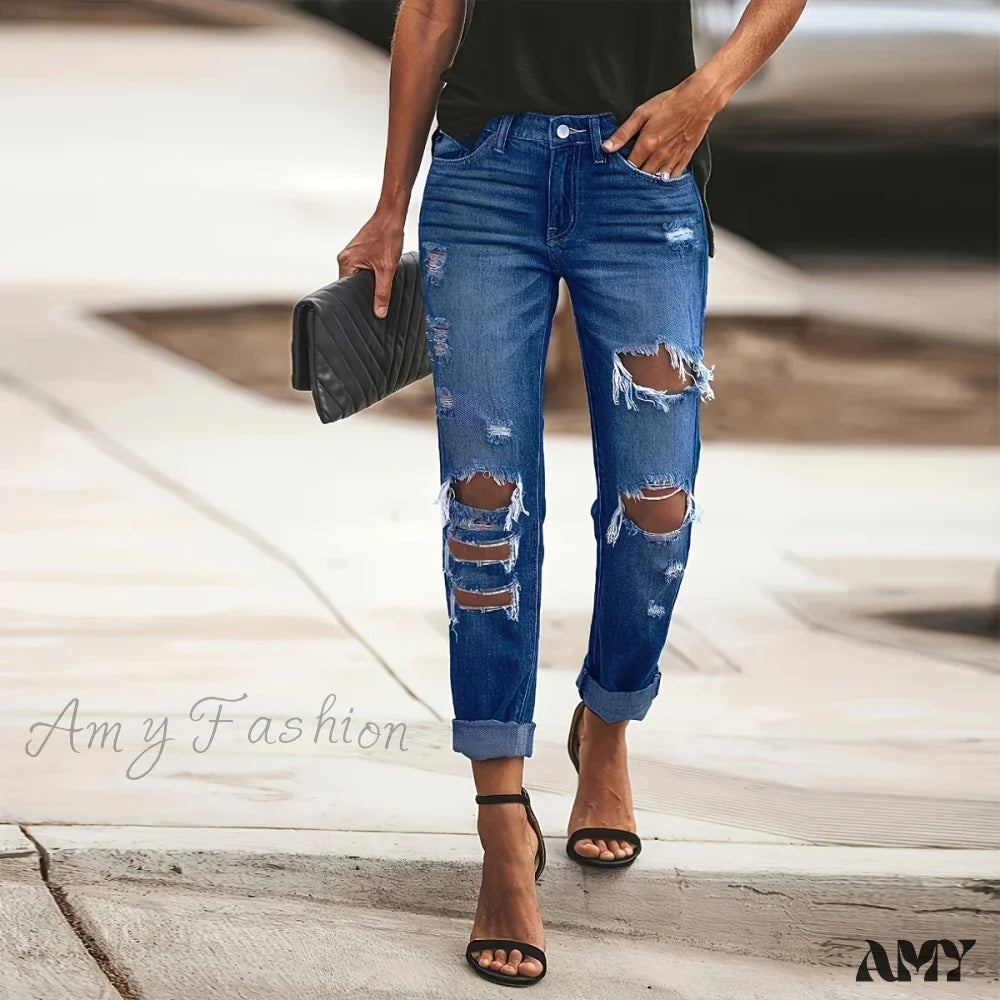 Amy Fashion - Ripped Holes Washed Tapered Distressed Casual Mom Women’s Denim & Clothing Jean