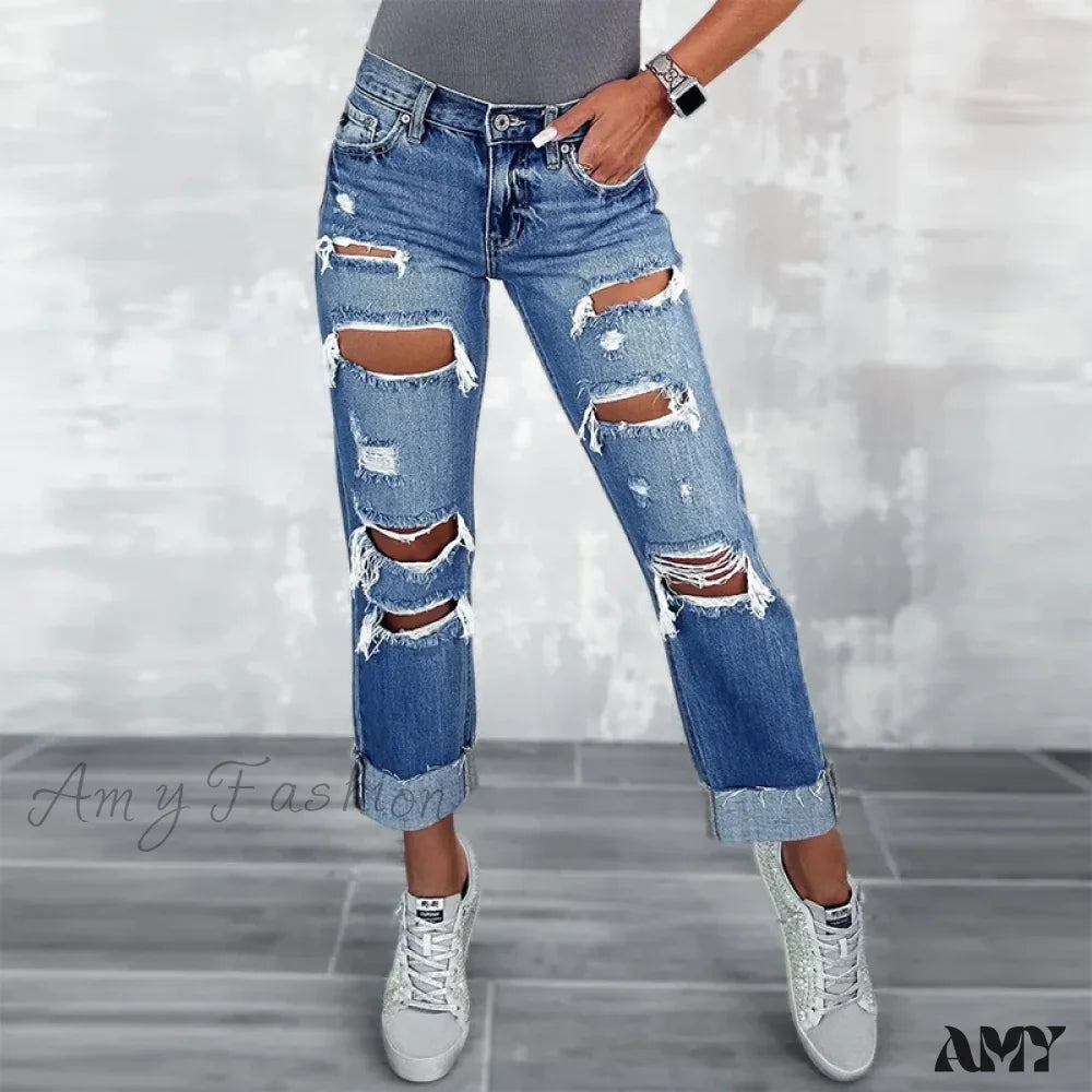 Amy Fashion - Ripped New High Straight Streetwear Hole Wash Cotton Ladies Denim Jean