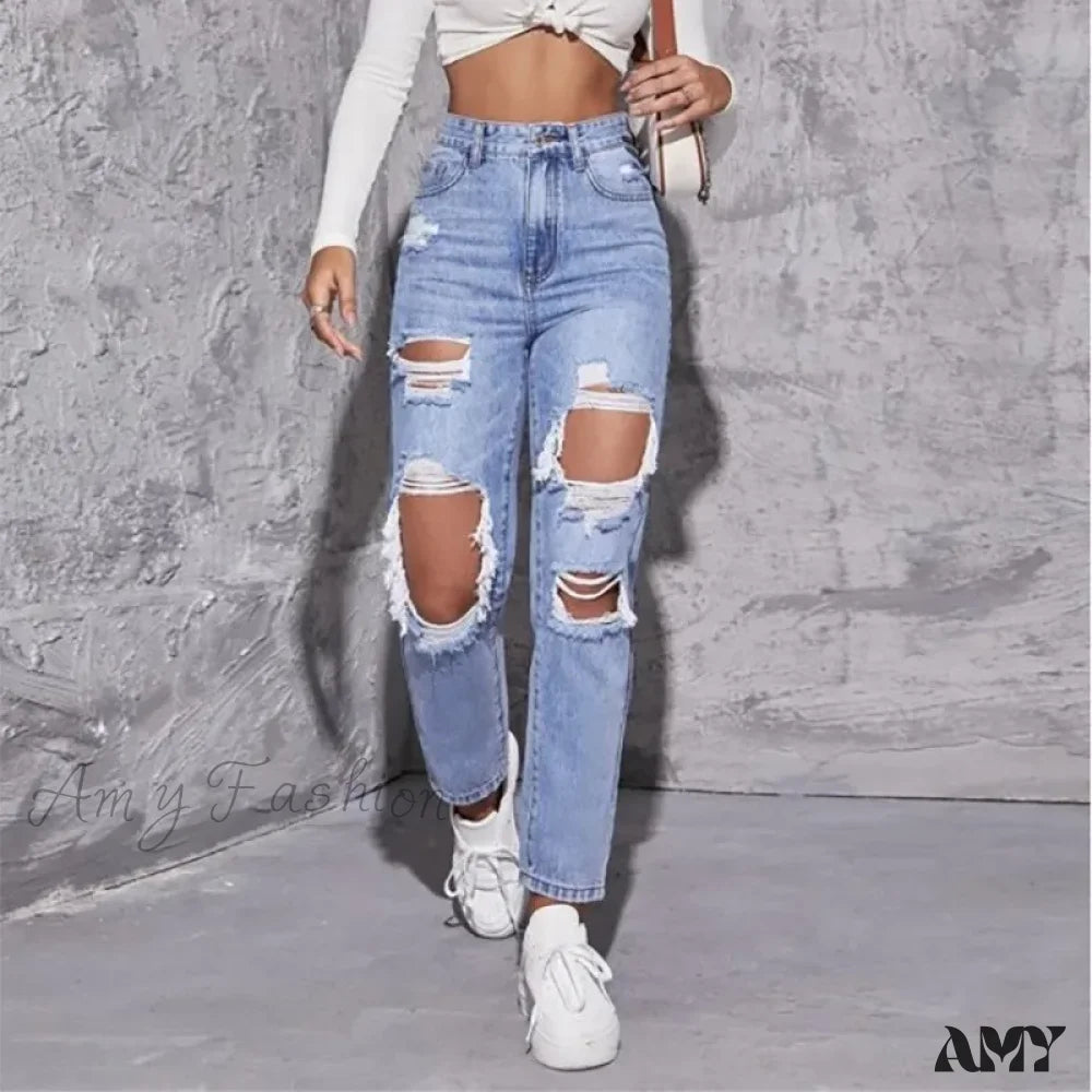 Amy Fashion - Ripped Straight Leg Women High Waist Loose Holes Casual Streetwear Denim Jean