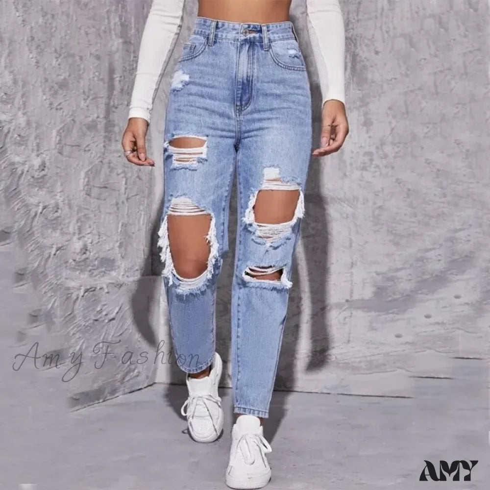 Amy Fashion - Ripped Straight Leg Women High Waist Loose Holes Casual Streetwear Denim Jean