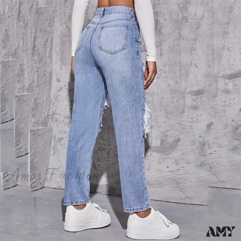 Amy Fashion - Ripped Straight Leg Women High Waist Loose Holes Casual Streetwear Denim Jean