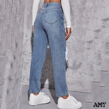 Amy Fashion - Ripped Straight Leg Women High Waist Loose Holes Casual Streetwear Denim Jean