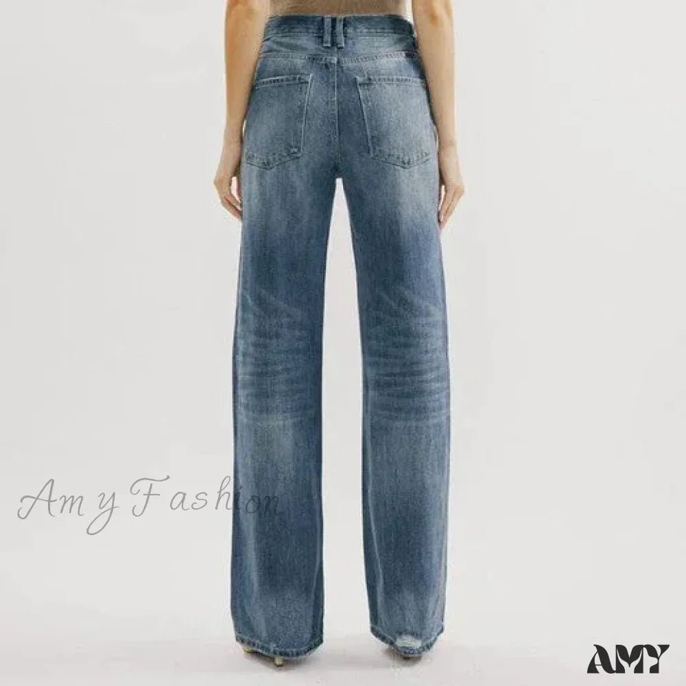 Amy Fashion - Ripped Washed High New Simple Street Loose Straight-Leg Denim Jean