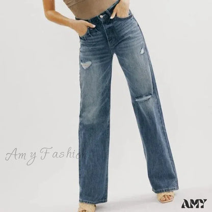 Amy Fashion - Ripped Washed High New Simple Street Loose Straight-Leg Denim Jean