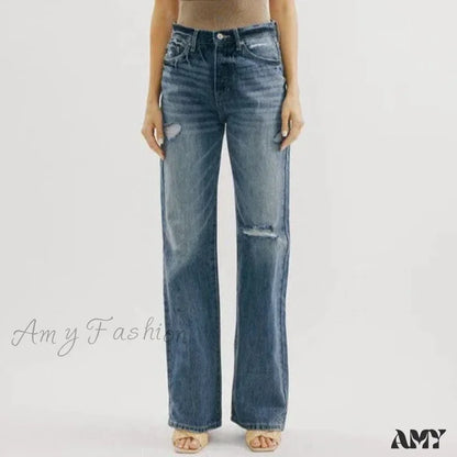 Amy Fashion - Ripped Washed High New Simple Street Loose Straight-Leg Denim Jean