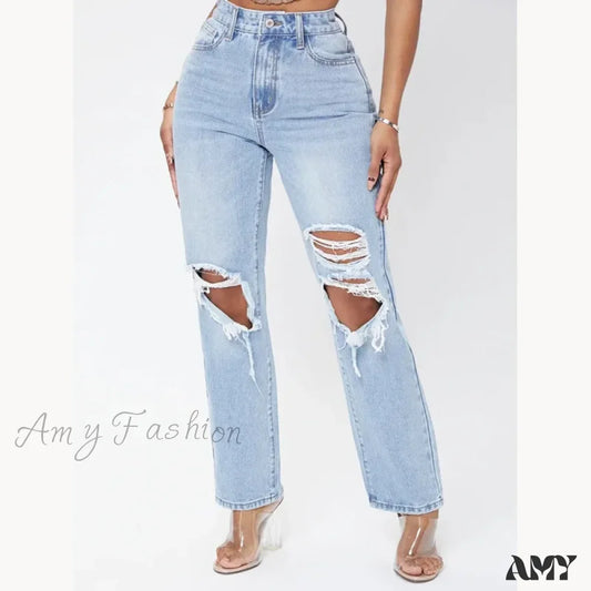 Amy Fashion - Ripped Women’s Casual High Waist Straight Leg Loose Denim Ladies Streetwear Jean