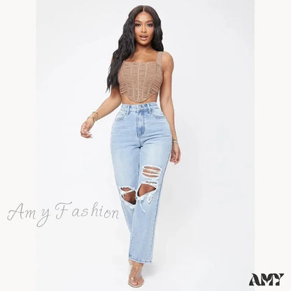 Amy Fashion - Ripped Women’s Casual High Waist Straight Leg Loose Denim Ladies Streetwear Jean