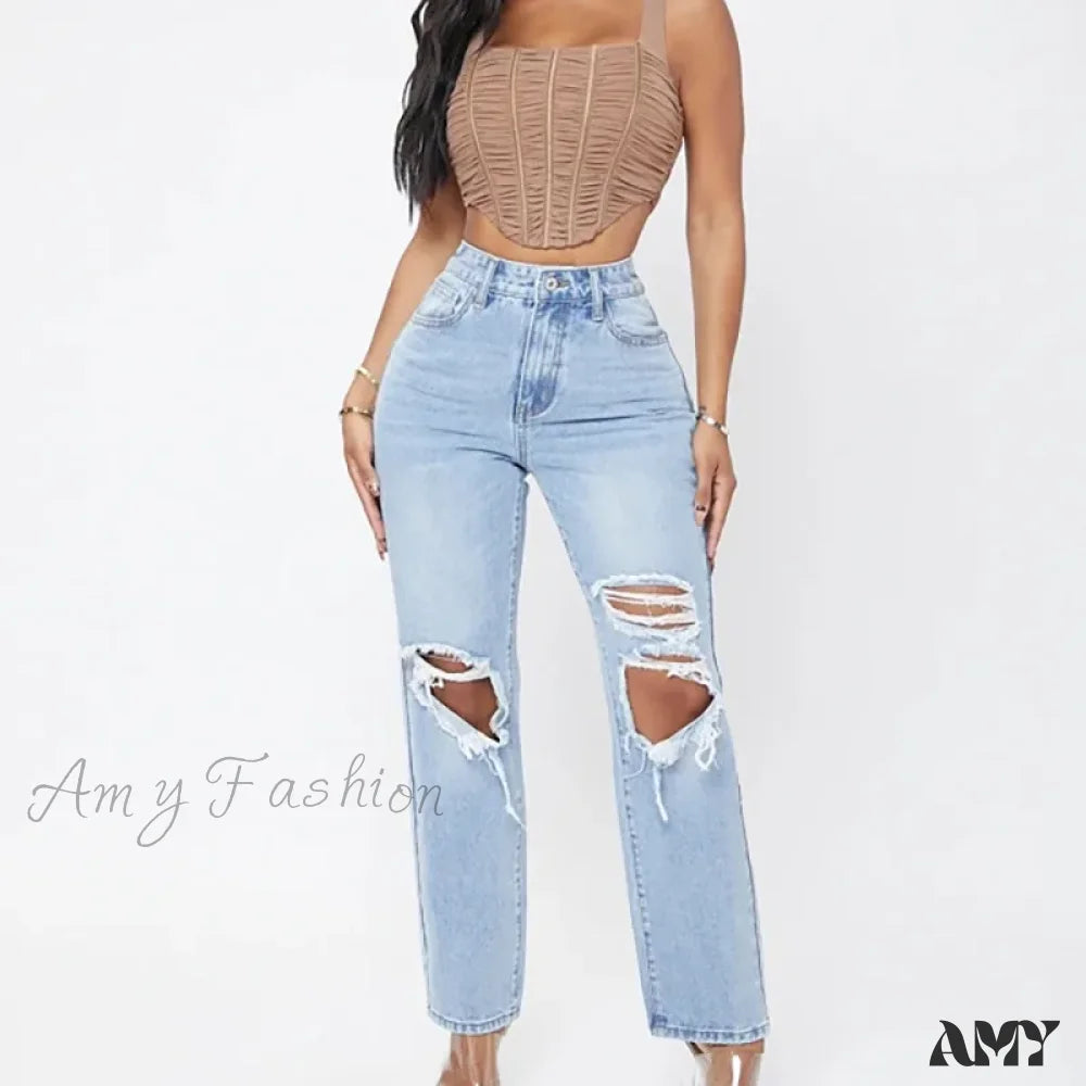 Amy Fashion - Ripped Women’s Casual High Waist Straight Leg Loose Denim Ladies Streetwear Jean