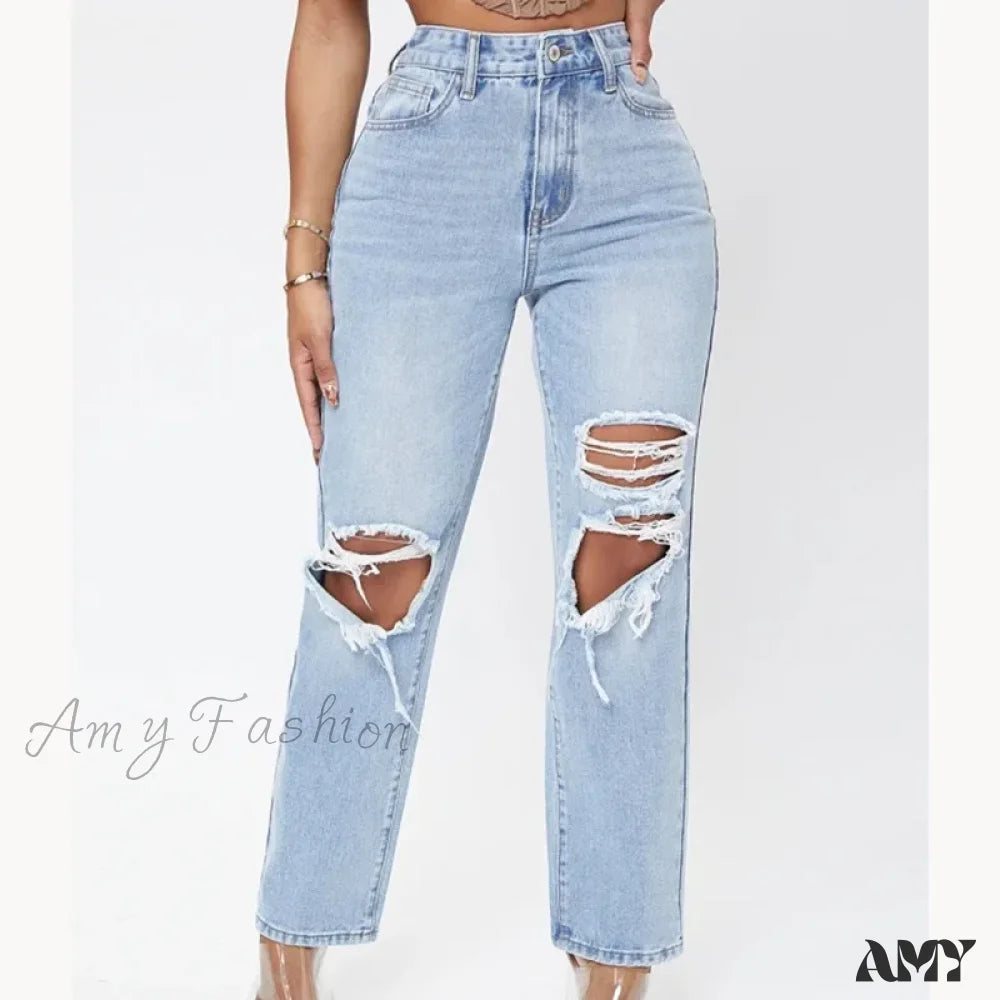 Amy Fashion - Ripped Women’s Casual High Waist Straight Leg Loose Denim Ladies Streetwear Jean