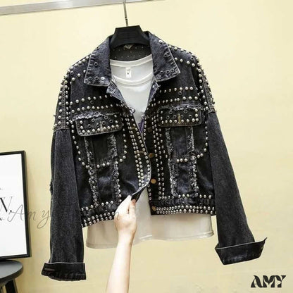 Amy Fashion - Rivet Studded Denim Jacket Black / M