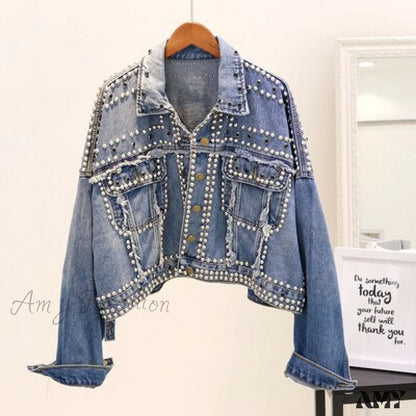 Amy Fashion - Rivet Studded Denim Jacket Blue / M