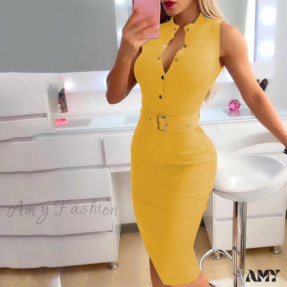 Amy Fashion - Round Neck Button Sleeveless Belt Casual Midi Dress