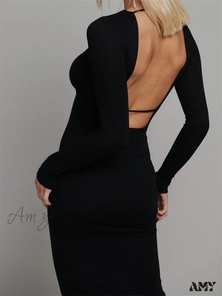 Amy Fashion - Round Neck Hollow Out Party Clubwear For Women Backless Sleeve Solid Color Slim Fit