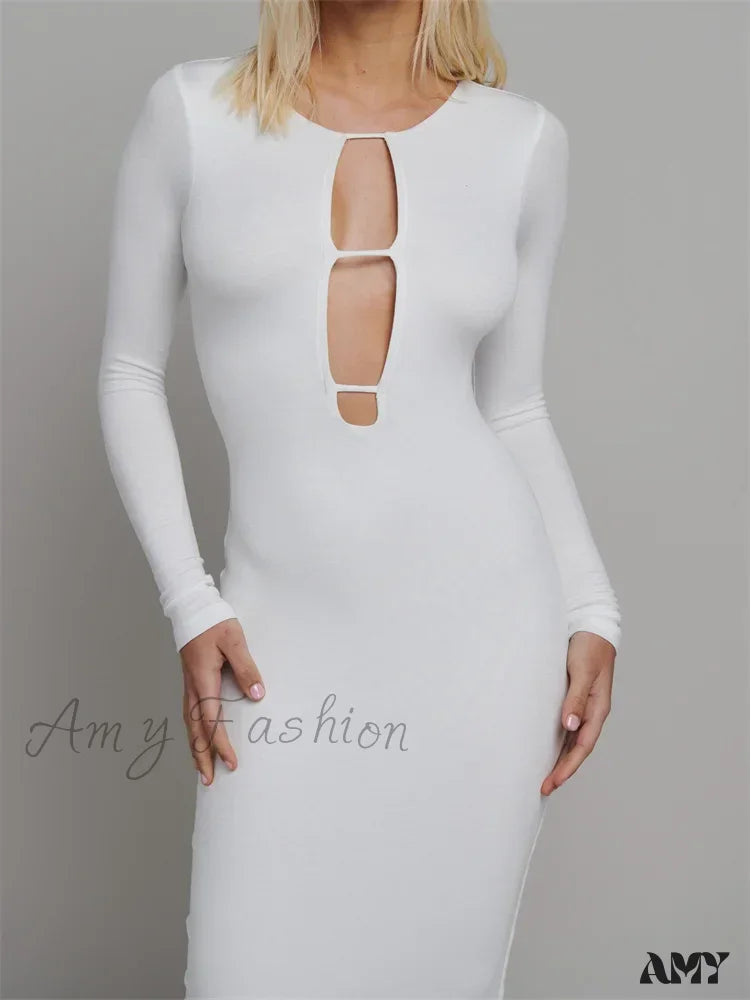 Amy Fashion - Round Neck Hollow Out Party Clubwear For Women Backless Sleeve Solid Color Slim Fit