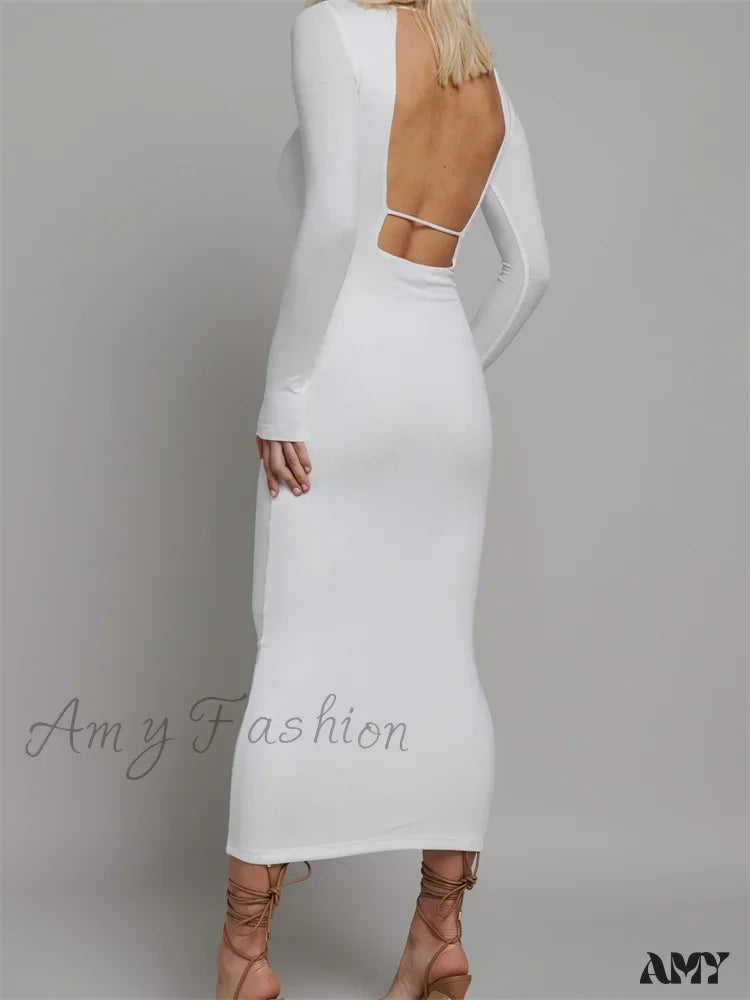 Amy Fashion - Round Neck Hollow Out Party Clubwear For Women Backless Sleeve Solid Color Slim Fit