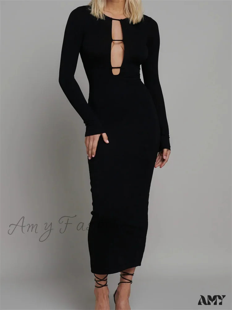 Amy Fashion - Round Neck Hollow Out Party Clubwear For Women Backless Sleeve Solid Color Slim Fit