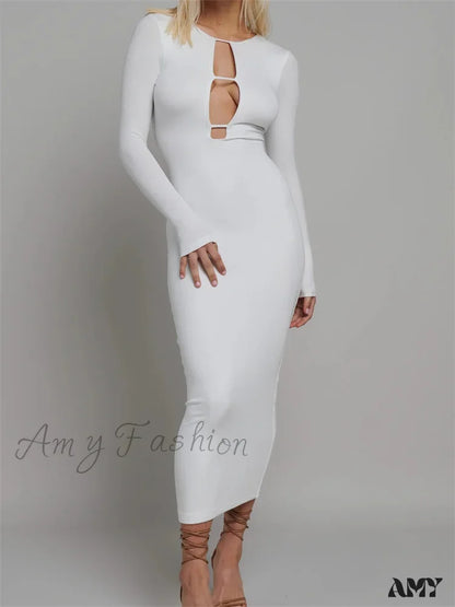 Amy Fashion - Round Neck Hollow Out Party Clubwear For Women Backless Sleeve Solid Color Slim Fit