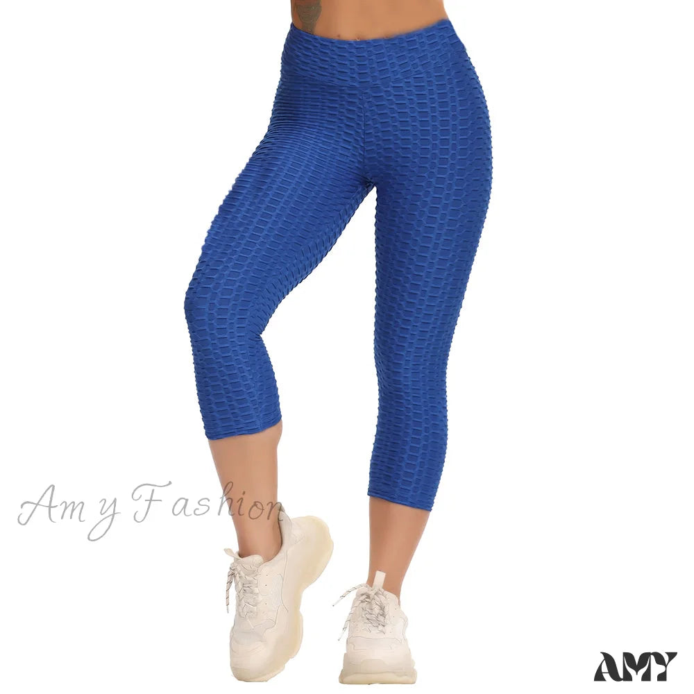 Amy Fashion - Ruched Butt Leggings Capris Pants Blue / S