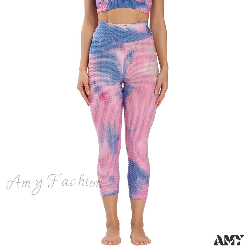 Amy Fashion - Ruched Butt Leggings Capris Pants Bluepink / S