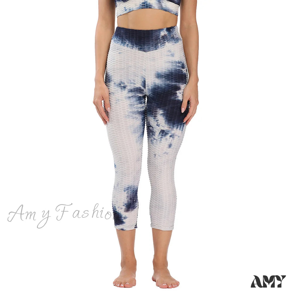 Amy Fashion - Ruched Butt Leggings Capris Pants Bluewhite / S