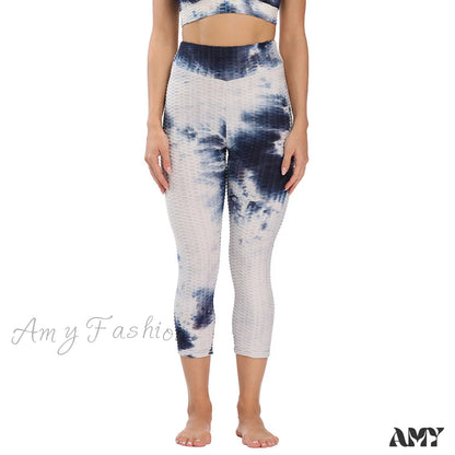 Amy Fashion - Ruched Butt Leggings Capris Pants Bluewhite / S