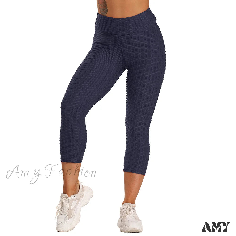 Amy Fashion - Ruched Butt Leggings Capris Pants Darkblue / S