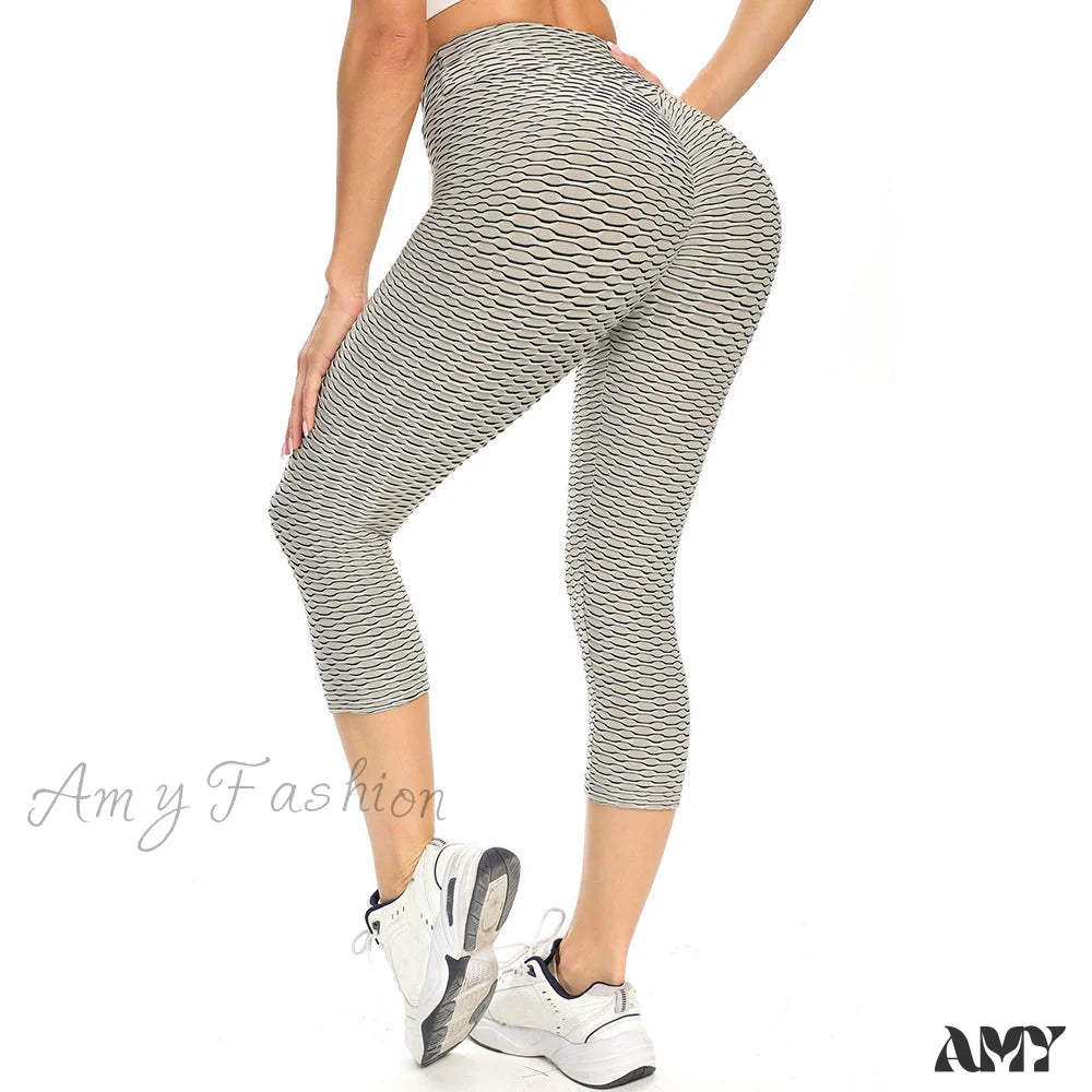 Amy Fashion - Ruched Butt Leggings Capris Pants Light Grey / S