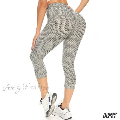 Amy Fashion - Ruched Butt Leggings Capris Pants Light Grey / S