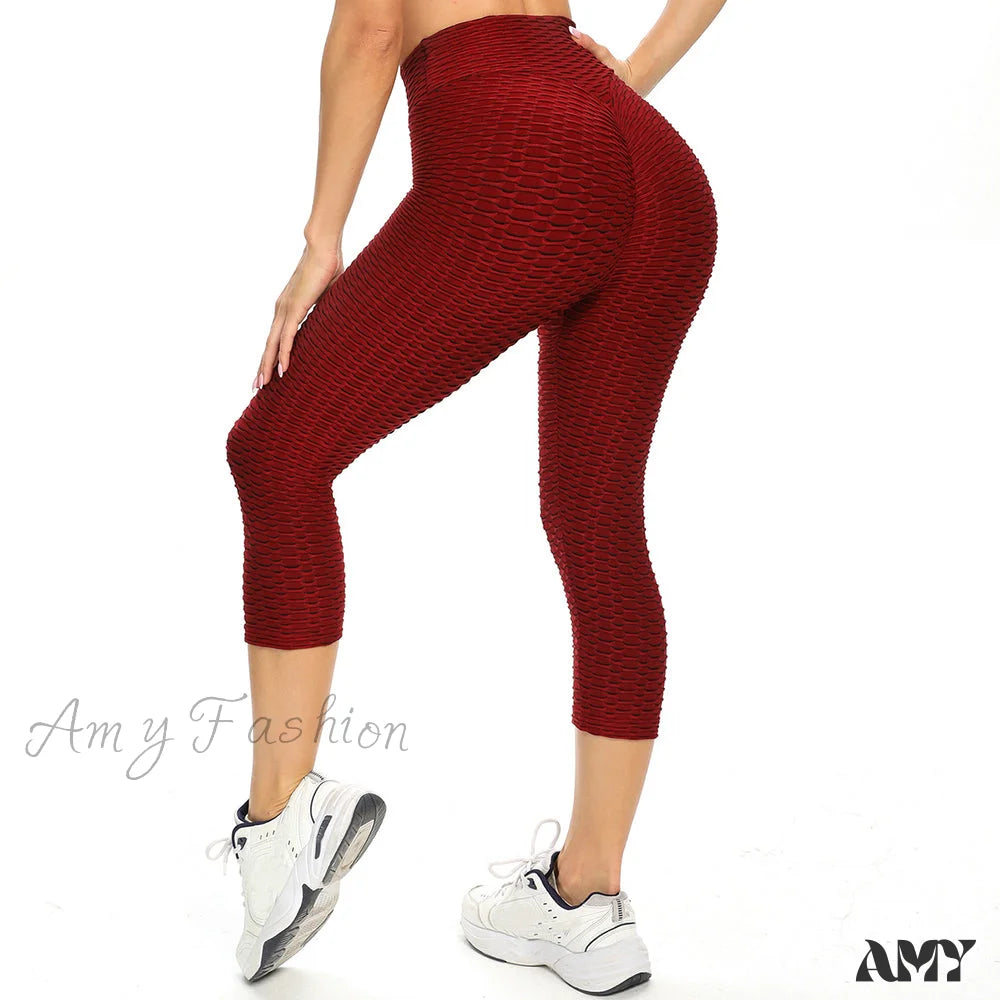 Amy Fashion - Ruched Butt Leggings Capris Pants Winered / S