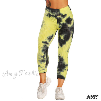 Amy Fashion - Ruched Butt Leggings Capris Pants Yellowblack / S