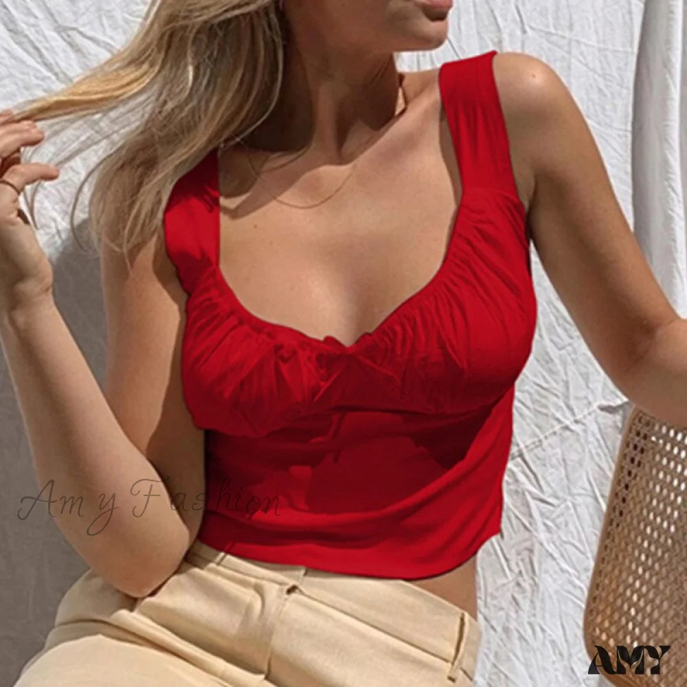 Amy Fashion - Ruched Tanks Bow Slim Wide Strap Skinny Camis Red / S