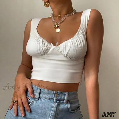 Amy Fashion - Ruched Tanks Bow Slim Wide Strap Skinny Camis White / S