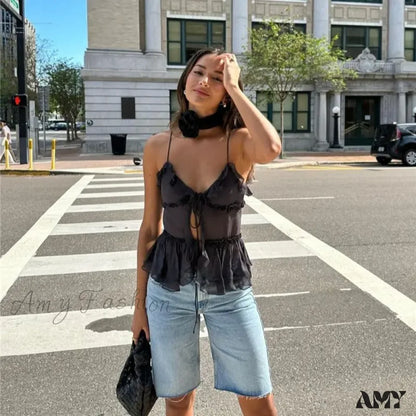 Amy - Fashion Ruffles Lace Up See Through Mesh Club Camis Crop Top