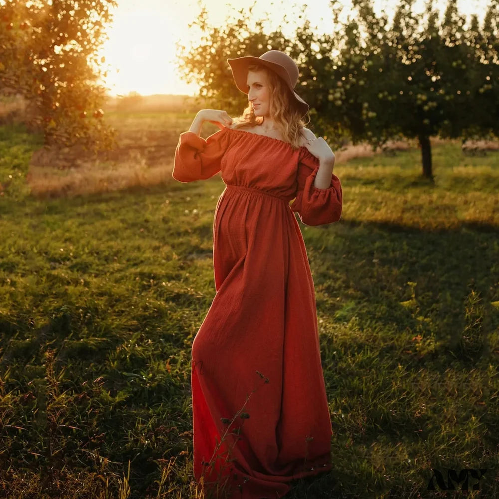 Amy Fashion - Rust Slash Neck Bohemian Pregnancy Boho Dress