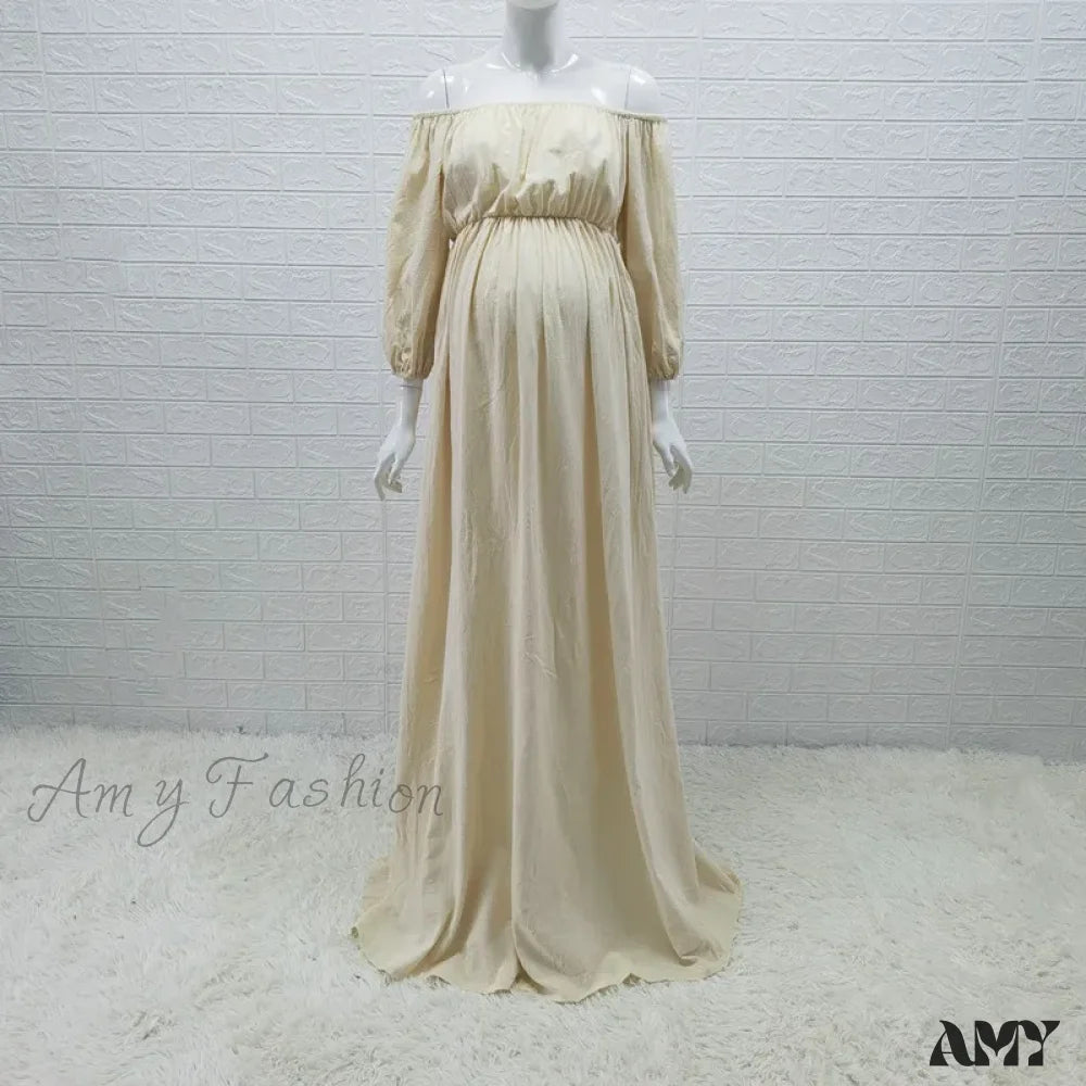 Amy Fashion - Rust Slash Neck Bohemian Pregnancy Boho Dress Beige / M