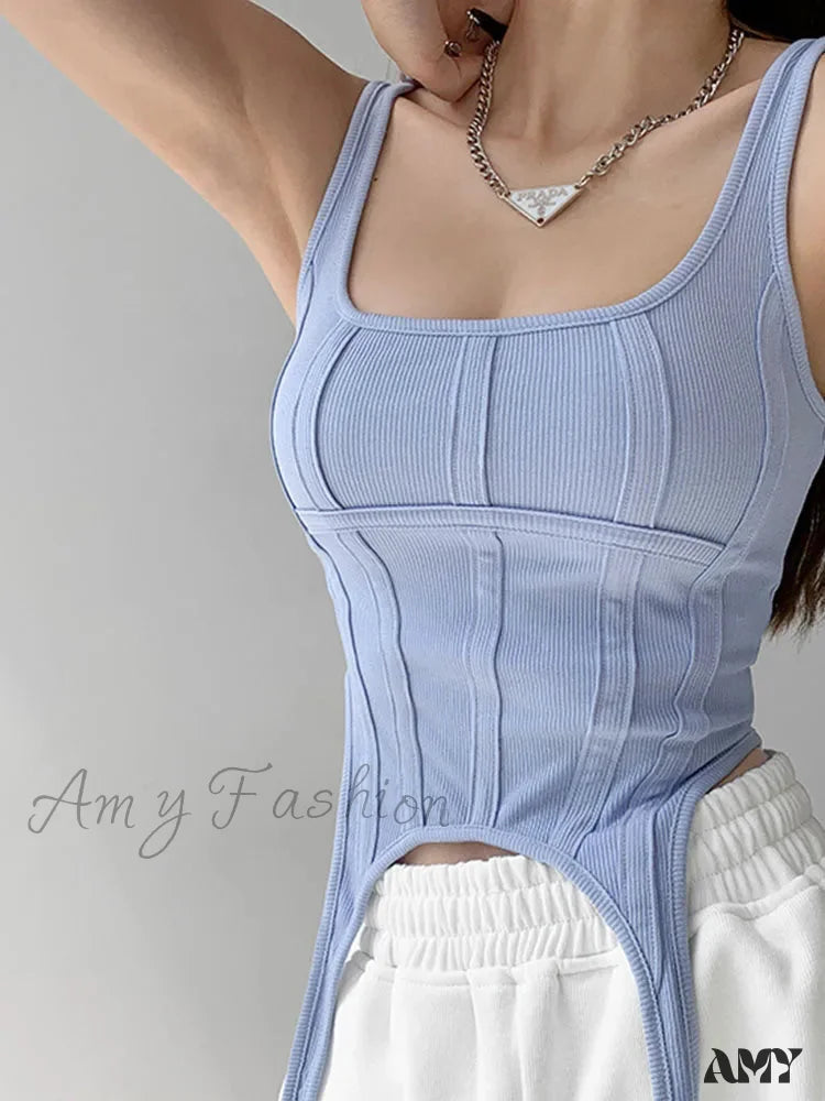 Amy Fashion - Safari Style Sleeveless Irregular Sort Tops Crop Top