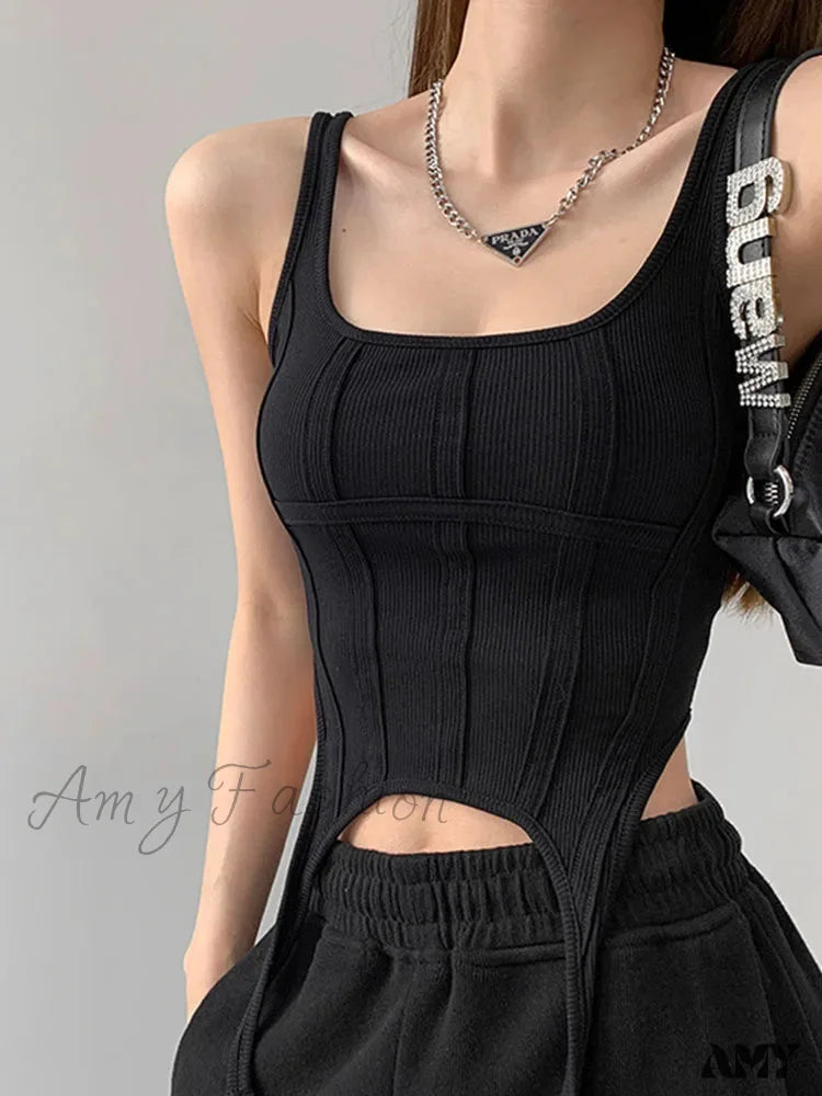 Amy Fashion - Safari Style Sleeveless Irregular Sort Tops Crop Top Black / S