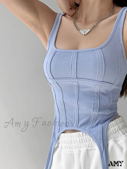 Amy Fashion - Safari Style Sleeveless Irregular Sort Tops Crop Top Blue / S