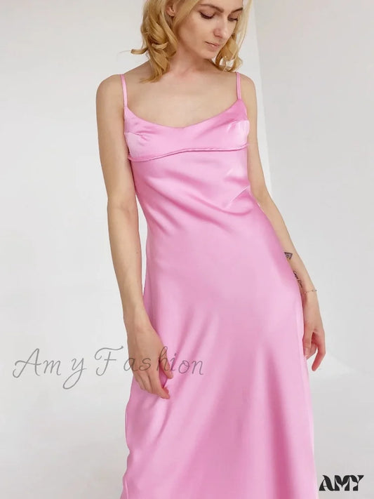 Amy Fashion - Satin Backless Spaghetti Strap A-Line High Waist Dress