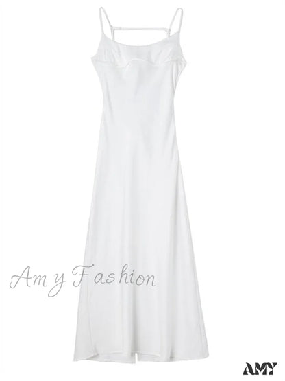 Amy Fashion - Satin Backless Spaghetti Strap A-Line High Waist Dress