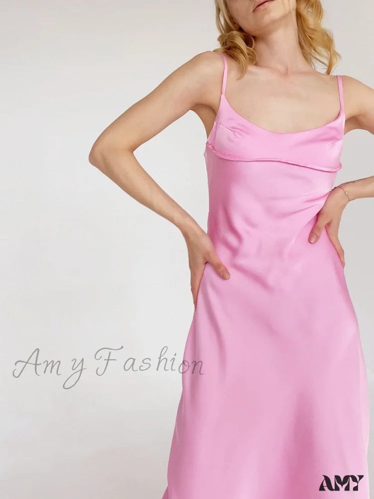 Amy Fashion - Satin Backless Spaghetti Strap A-Line High Waist Dress