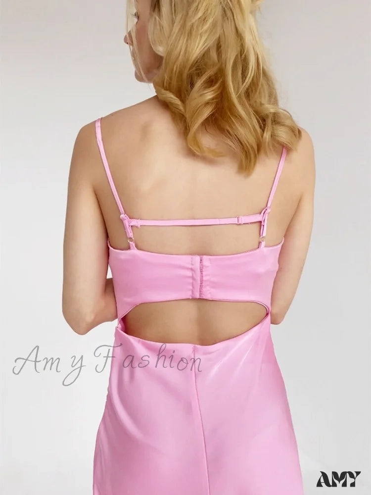 Amy Fashion - Satin Backless Spaghetti Strap A-Line High Waist Dress