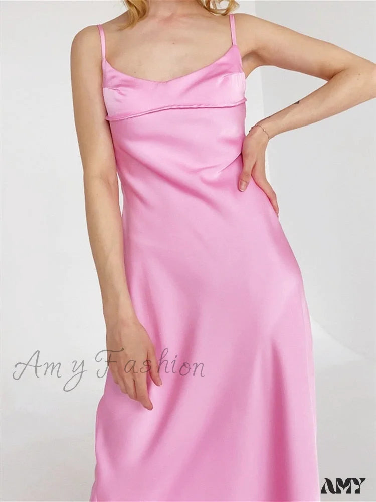 Amy Fashion - Satin Backless Spaghetti Strap A-Line High Waist Dress