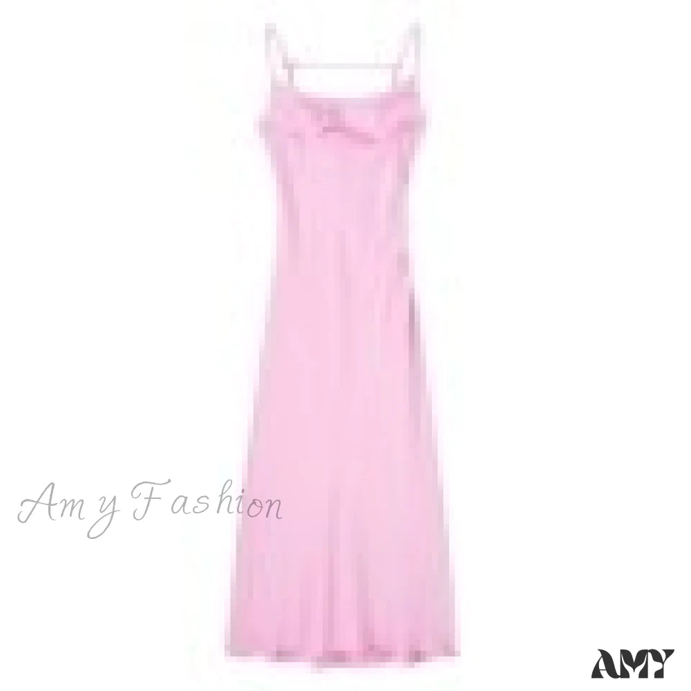 Amy Fashion - Satin Backless Spaghetti Strap A-Line High Waist Dress Pink / Xs