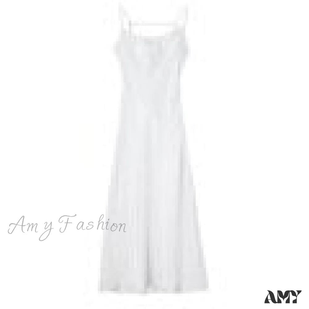 Amy Fashion - Satin Backless Spaghetti Strap A-Line High Waist Dress White / Xs