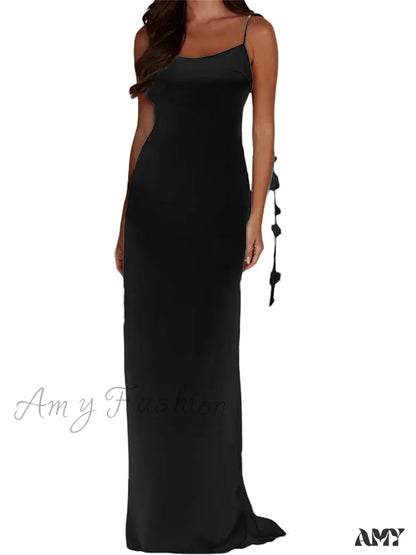 Amy Fashion - Satin Backless Spaghetti Strap For Women Sexy 3D Flower Tassels Party Cocktail Y2K