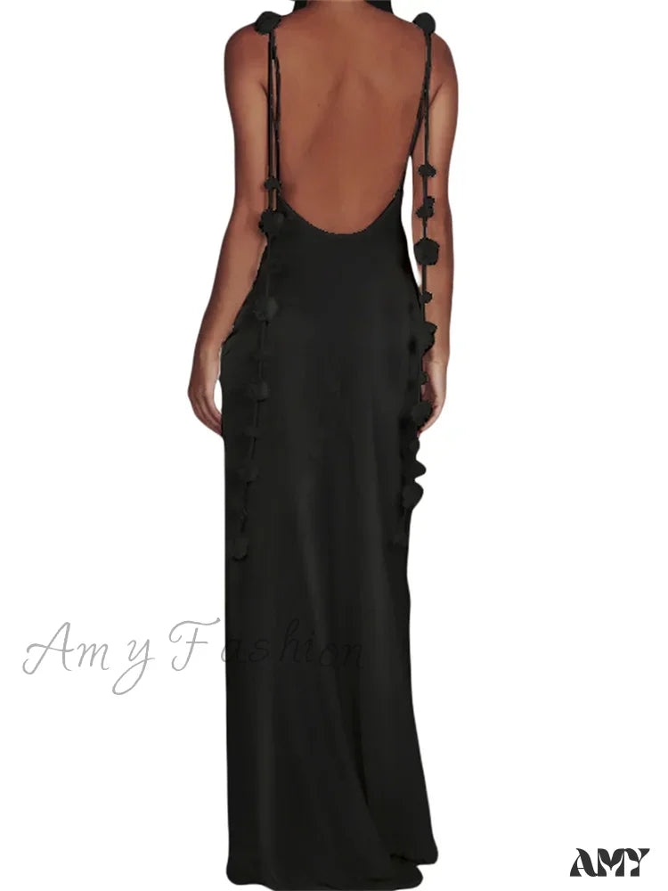 Amy Fashion - Satin Backless Spaghetti Strap For Women Sexy 3D Flower Tassels Party Cocktail Y2K